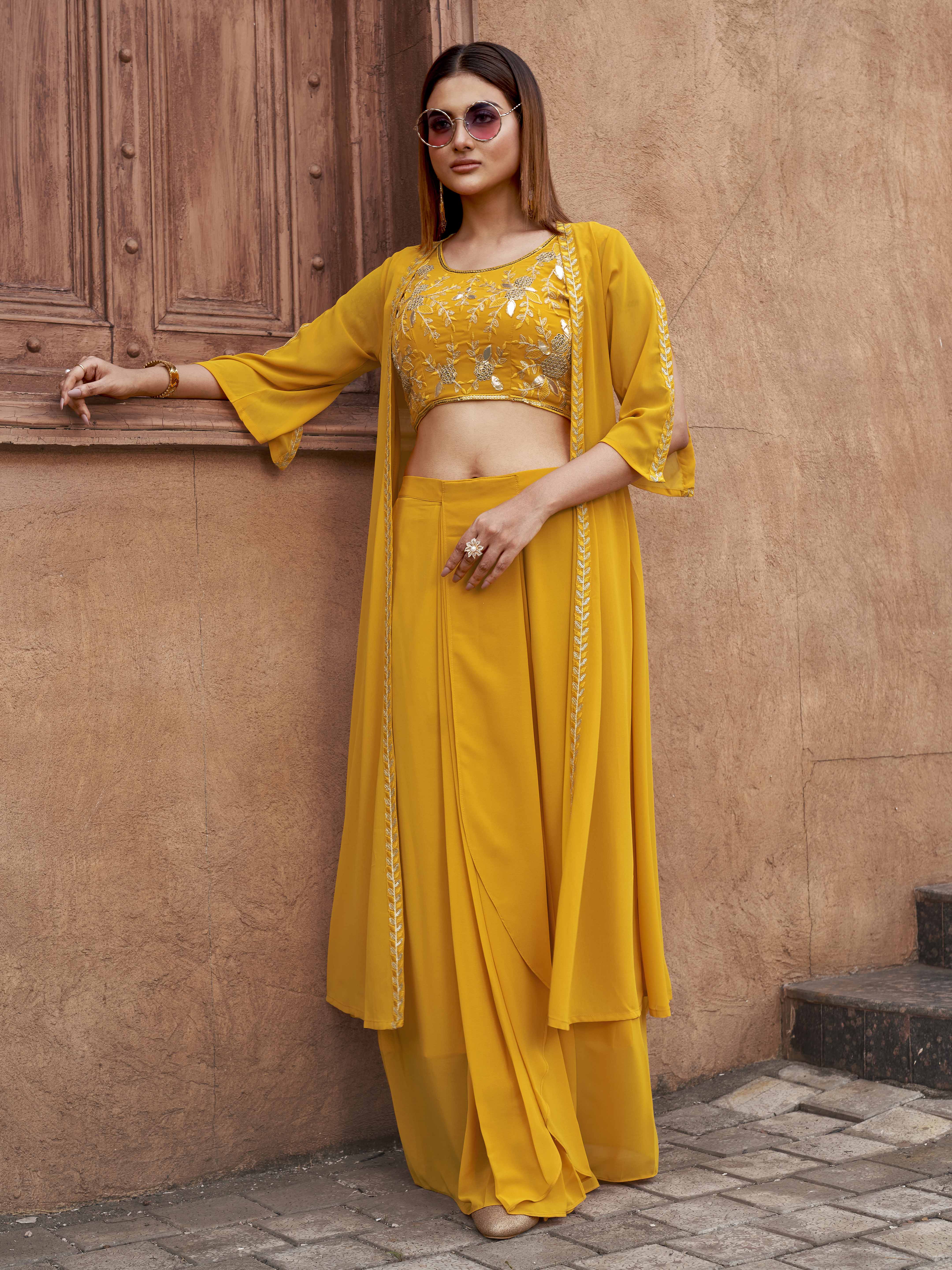 Yellow Georgette 3PC Shrug Set With Gota & Sequinns Embroidery